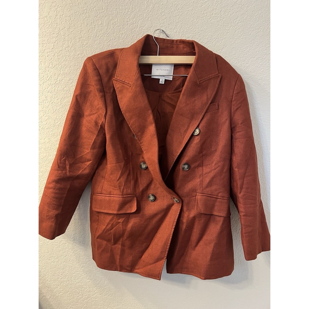 WITCHERY Sz 10 Rust Linen Double Breasted Blazer Pockets